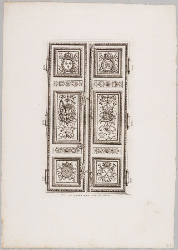 Ornamentprent. Ornemens de peinture et de sculpture, qui sont dans la Galerie d’Apollon, au Chasteau du Louvre, et dans le grand Appartement du Roy, au palais des Tuilleries. Porte, dans le grand Appartement des Tuileries (heruitgave?).