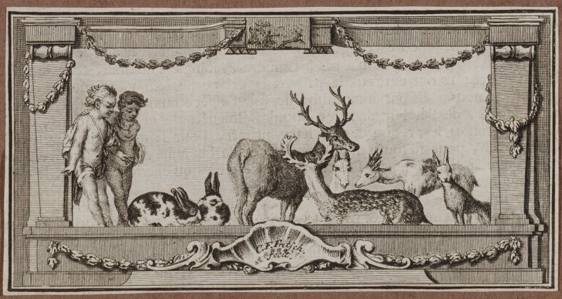 Ornamentprenten. Paneel met dieren en twee putti. Boekillustratie.