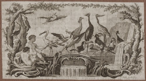 Ornamentprenten. Paneel met watervogels. Boekillustratie.