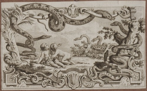 Ornamentprenten. Paneel met slangen en twee putti. Boekillustratie.