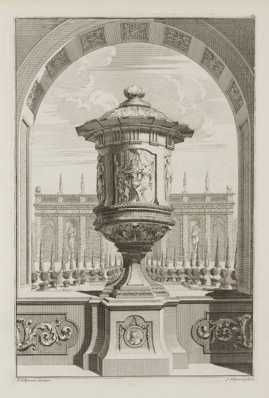 Ornamentprent. Voorbeelden der Lusthof-Cieraaden, zijnde Vaasen, Pedestallen, Orangiebakken, Blompotten En Andere Bijwerken.