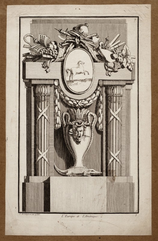 Ornamentprent. Nouvelle Iconologie Historique. Monument. L'Europe et l'Amérique.