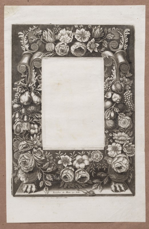 Ornamentprent. Cartouche in de vorm van een krans met bloemen.