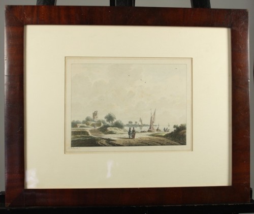 Aquarel in houten lijst van landschap met ruïne, bootjes en figuren