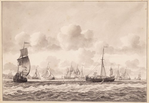 Pieter Aartsz Blauw - Gewassen inkttekening met buis en linieschip.