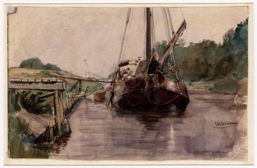 Ids Wiersma - aquarel, met afbeelding van een afgemeerde tjalk