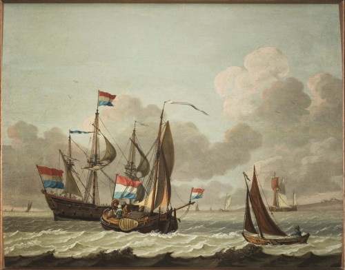 Gerard de Jager - Zeegezicht met driemaster, boeier en klein zeilschip.