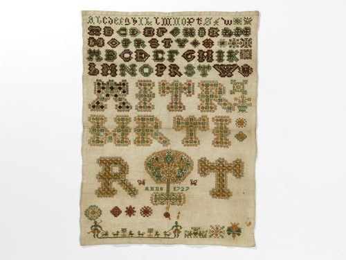 Lettermerklap met alfabet, poppetjes met hondjes, jagers, RT, anno 1727