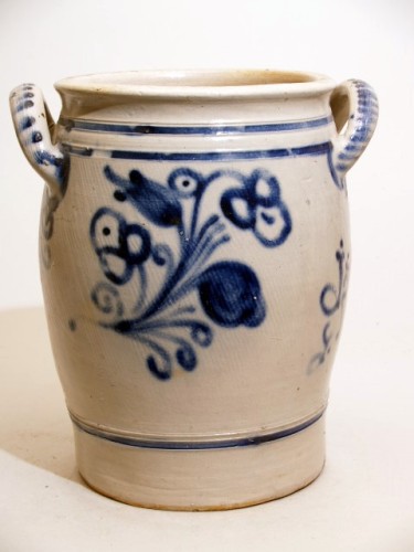 Voorraadpot, grijs, met blauw floraal decor