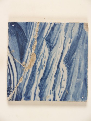 Tableautegel, onderdeel van tegeltableau, incompleet, met een blauwwit scheepsdecor