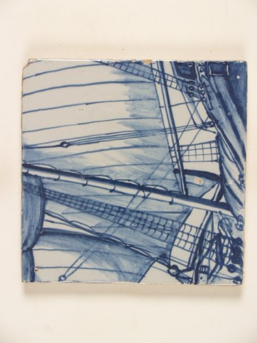 Tegeltableau, incompleet, met een blauwwit scheepsdecor