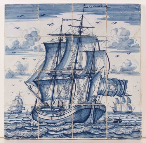 Tegeltableau met een blauwwit decor van een driemaster op zee