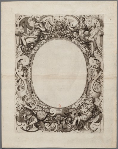Ornamentprent. Perspectiva Corporum Regularium. Titelcartouche.