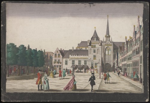 Gezicht op de Grote Markt, het stadhuis en Grote Kerk te Goes