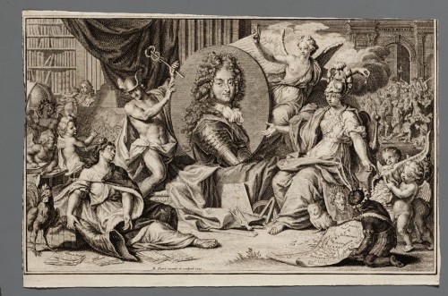 Ornamentprent. Allegorische voorstelling van het regentschap van Philippe Duc d'Orléans.