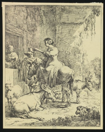 Herderin op ezel bij herberg