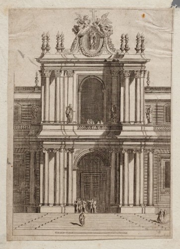 Ornamentprent. Vooraanzicht van een kerk (Portails d'Eglise. Kopie - Titelblad).