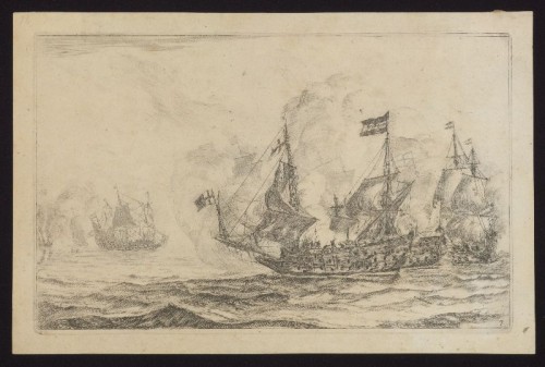 Reinier Nooms 'Zeeman' - Kopergravure. Afbeelding van een zeeslag.