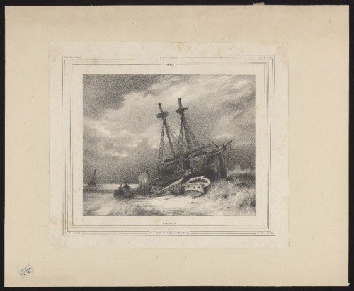 Lithografie: Een voor de winter drooggelegd en onttakeld schip naar W.J.J. Nuijen.