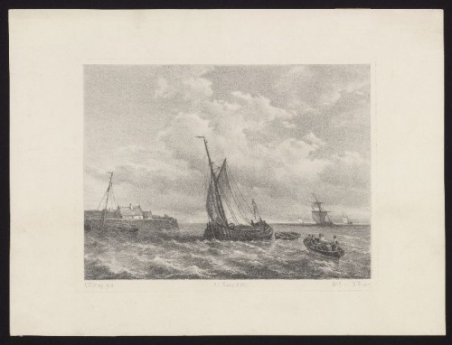 Lithografie: Een beurtschip loopt een haven binnen.
