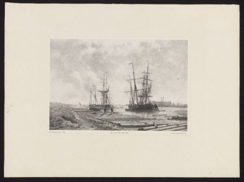 Lithografie: Gemeerde schepen aan de houtpijp te Amsterdam naar W.A. van Deventer.