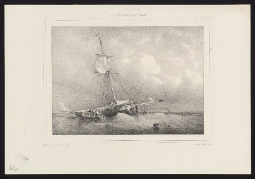 Lithografie: Geankerde viskotter naar F.A. Breuhaus de Groot.