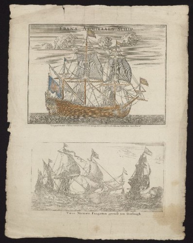 Kopergravure. Een Frans Admiraalsschip en twee fregatten.