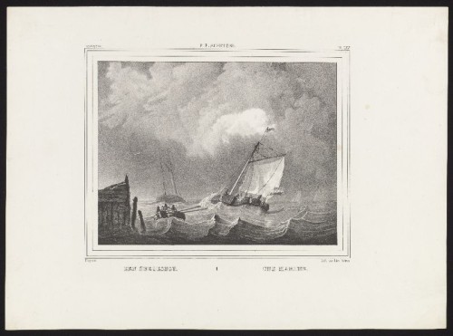 Lithografie: Een schip verlaat de haven naar P.P. Schitges.