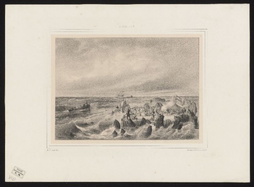 Lithografie. Het verblijf van de gestrande bemanning van het stoomschip Willem I op de riffen van Lucipara (Indonesië).