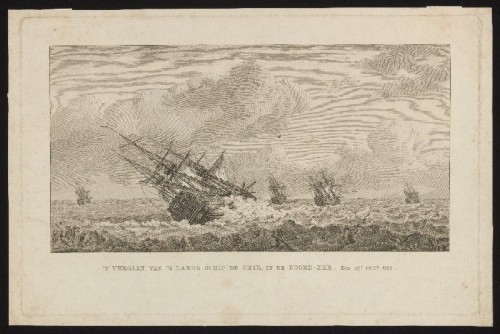 Kopergravure. Het vergaan van 's lands schip De Unie op de Noordzee in 1782.
