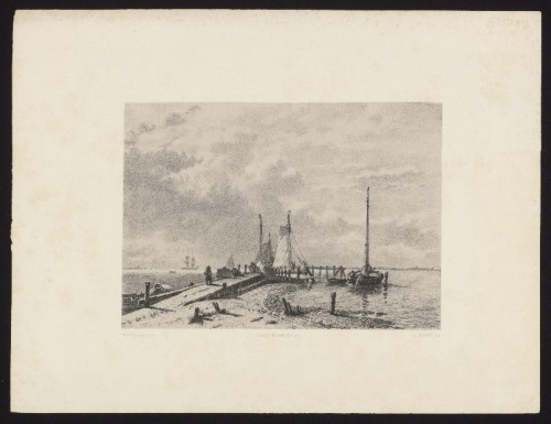 Lithografie. Gezicht op schepen aan een steiger naar W.A. van Deventer.