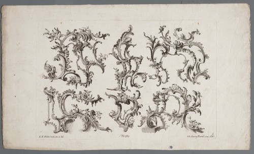 Ornamentprent. Cartouches en ornamenten in rocaille.