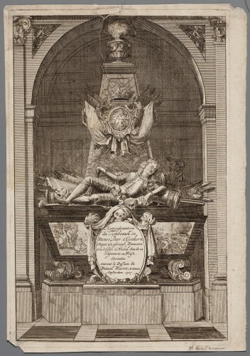 Ornamentprent. Premier Livre de Tombeaux et Mozoles. Grafmonument van Menno, Baron van Coehoorn (kopie).