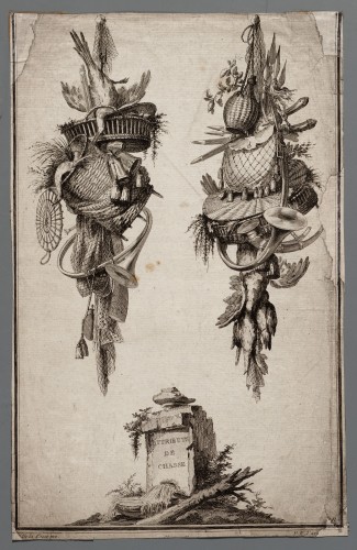 Ornamentprent. Cinqieme livre de Trophées, contenant divers attributs de chasse et de pêche.