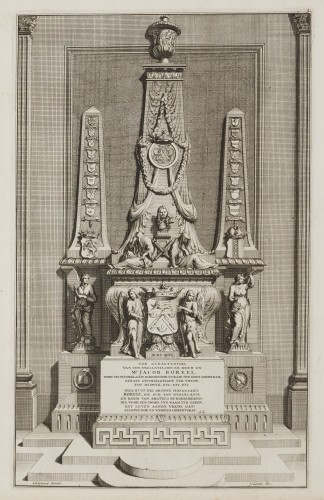 Ornamentprent. Voorbeelden der Lusthof-Cieraaden, zijnde Piramiden, Eerzuylen en Andere Bijwerken.