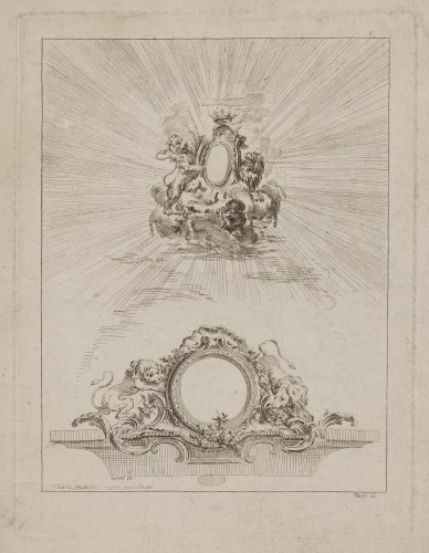 Ornamentprent. Cartouche en medaillon met leeuwen.