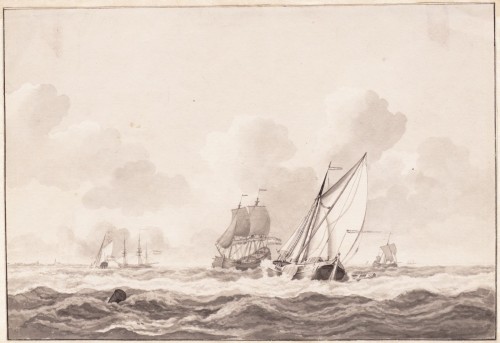 Pieter Aartsz Blauw - Gewassen inkttekening met kaag en fluitschip.