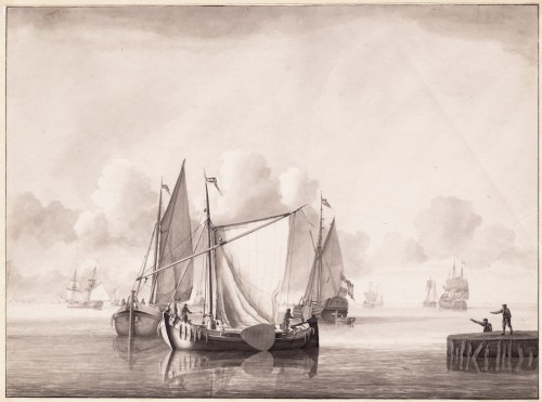 Pieter Aartsz Blauw - Gewassen inkttekening met beurtschip en hektjalk.