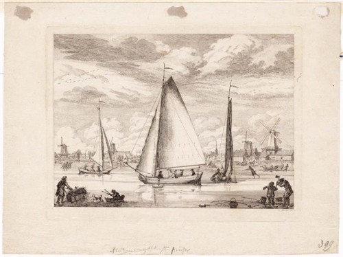 S. Fokke - Kopergravure. Afbeelding van de Zaan met schaatsers en sleden.