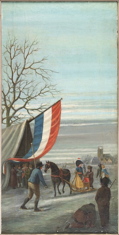 Anonymus - Schilderij. Winterlandschap met arrenslede en koek en zopietent.