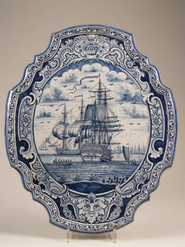 Plaat met decor van scheepsgezicht in blauw