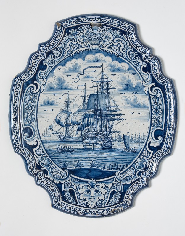 Plaat met decor van scheepsgezicht in blauw