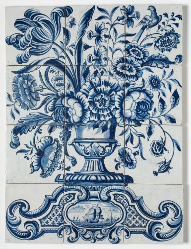 Tegeltableau met een blauwwit decor van een bloempot