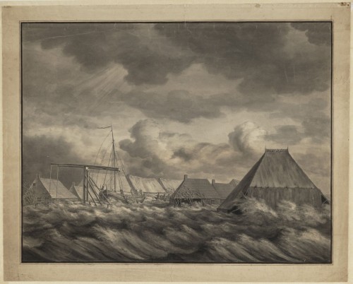 Dirk Piebes Sjollema - Sepiatekening: de overstroming te Vierhuis (1825)