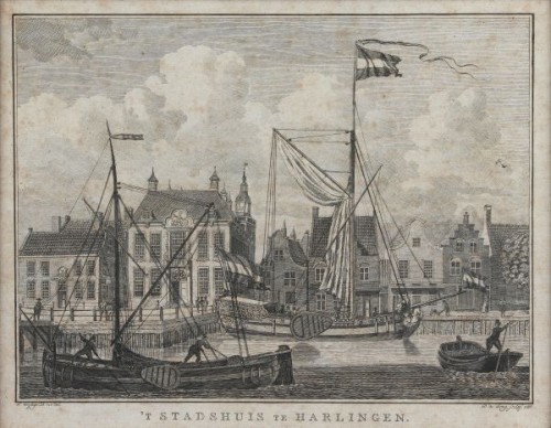 Dirk de Jong - Kopergravure. Gezicht op het stadhuis van Harlingen.