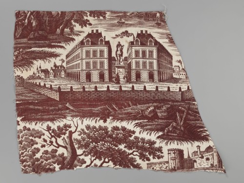 Kleine lap katoen, bedrukt in bruinrood met voorstellingen, van een slag, kasteel, kerk enz., hoort bij grote lap