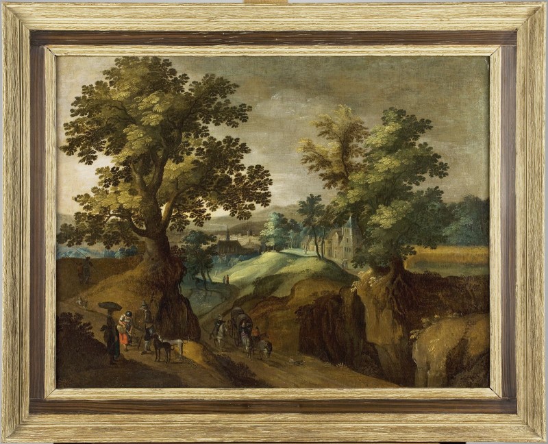 Landschap met dorp en figuren op de voorgrond