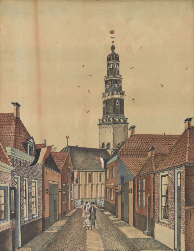 Straatje te Hindeloopen met op de achtergrond de kerk en toren