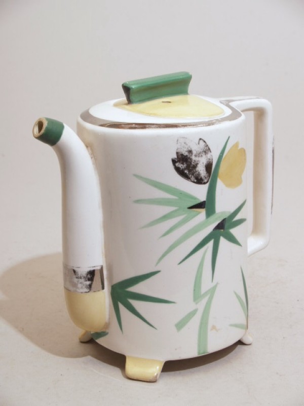 Theepot met gestileerd decor van bamboe in groen, geel en zilver