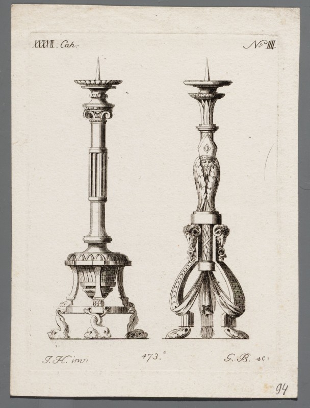 Ornamentprent. Nouveaux Desseins de Differens Ornemens de Meubles. Chandeliers d'eglise.